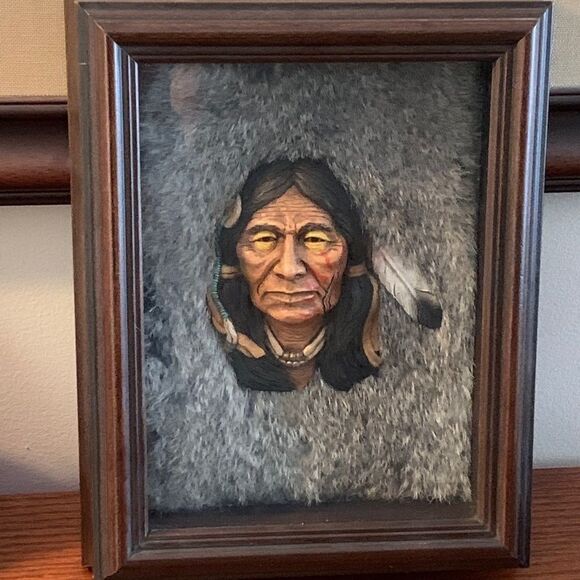 Neil Rose Native American Ceramic Sculpture Shadowbox “Grey Owl”